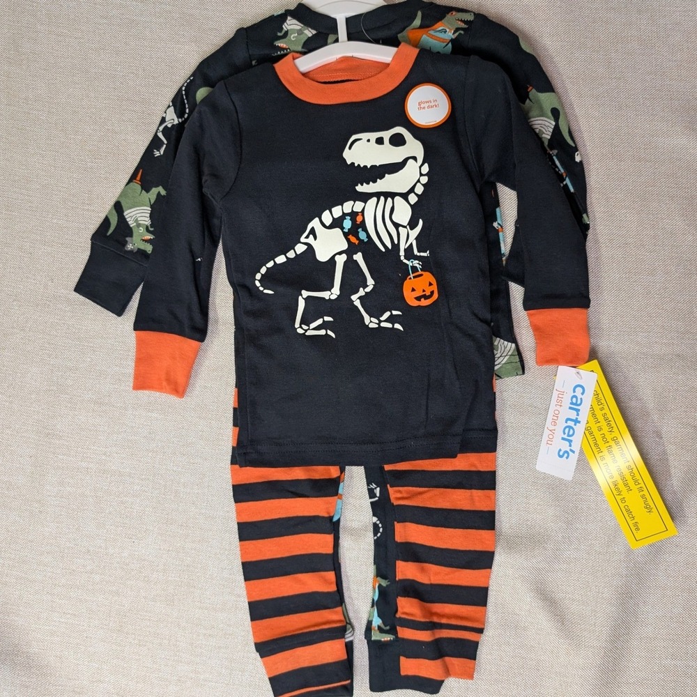 Carter's Pajamas Baby 12M Black Orange NWT Glow Skeleton Dinosaur 4pc Set